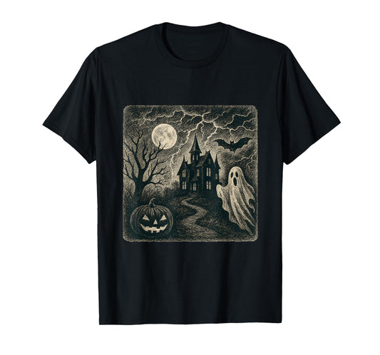 Haunted House Vintage Ghost Moon Halloween Scene T-Shirt