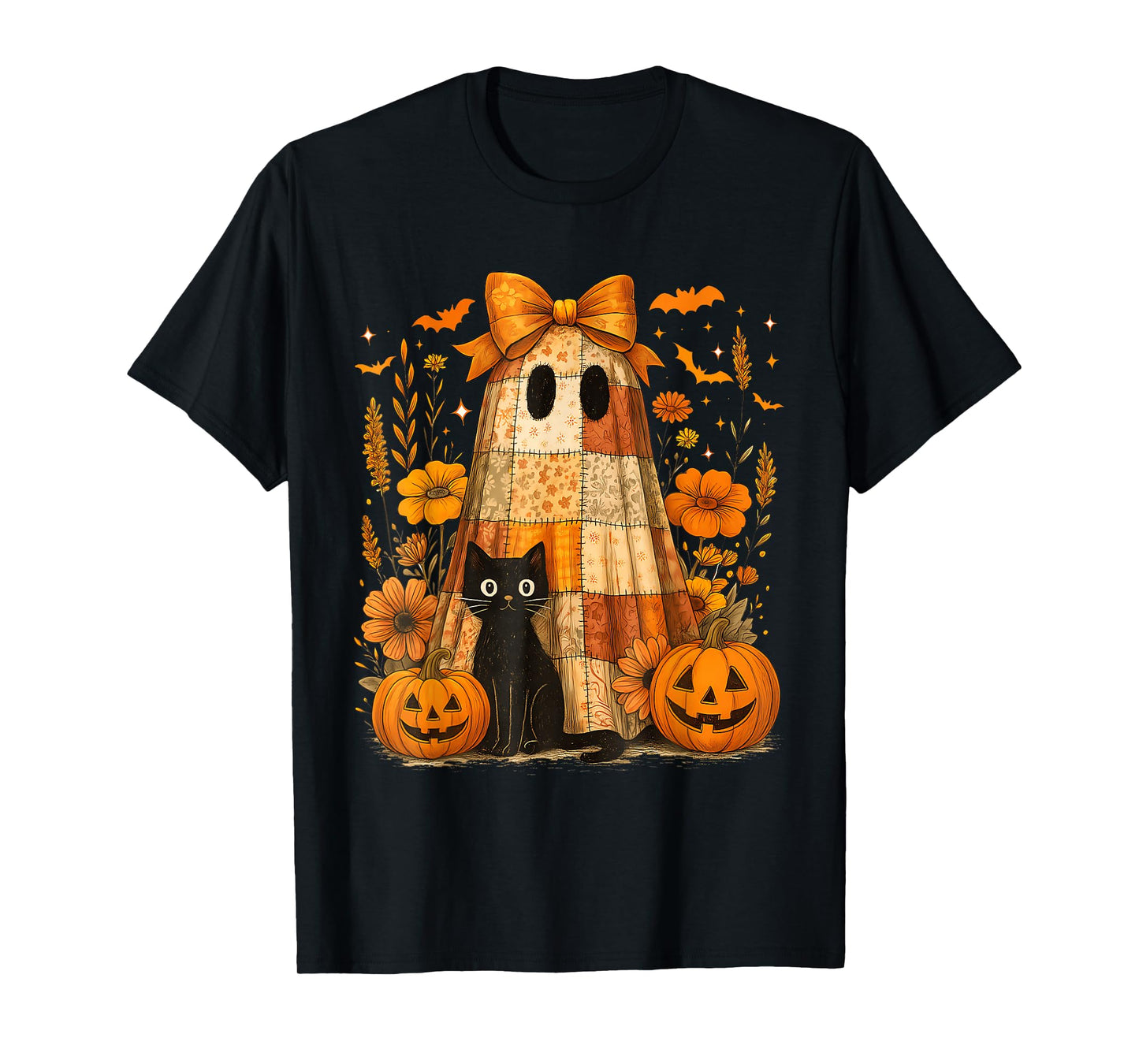 Vintage Halloween Ghost Holding Black Cat Groovy Floral T-Shirt