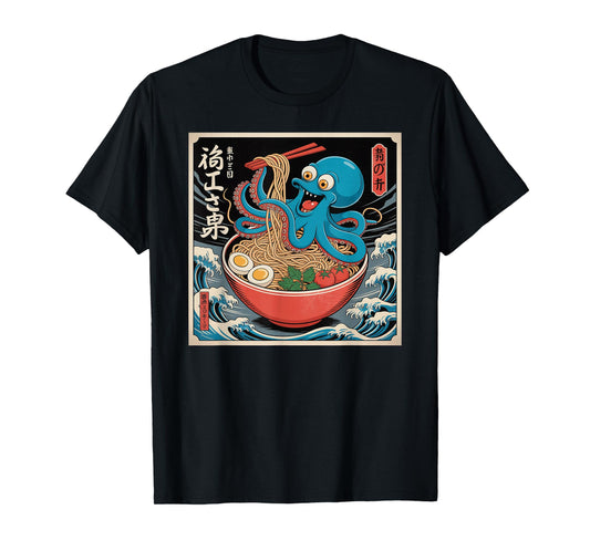 Octopus Ramen - Japanese Woodblock Wave Graphic T-Shirt