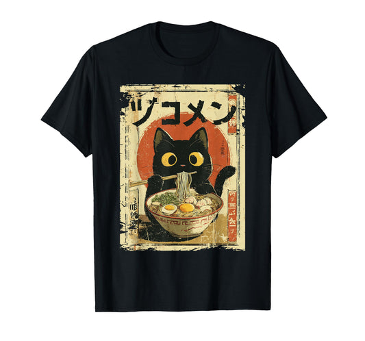 Kawaii Cat Eating Ramen Noodles Funny vintage Japanese Anime T-Shirt