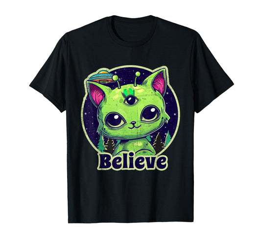 Cute Alien Cat Belive in UFO Kawaii T-Shirt