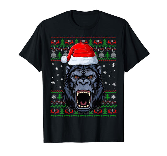 Gorilla Christmas Ugly Sweater Funny Santa Animal Head Xmas T-Shirt