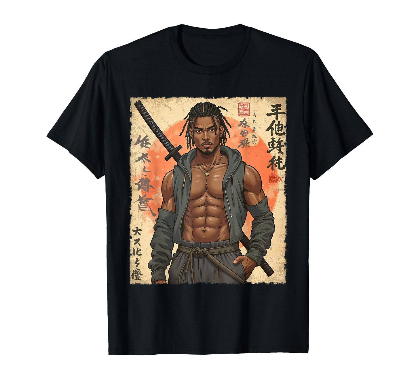 Afro Warrior Samurai Modern African in Anime with Katana T-Shirt