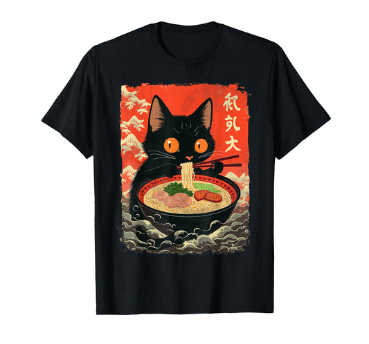 Neko Cat Eating Ramen Anime Kawaii Japanese Noodle Graphic T-Shirt