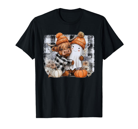 Funny Halloween Highland Cow Ghost Spooky Pumpkin Hello Fall T-Shirt