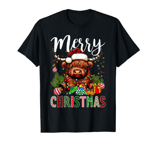 Merry Christmas Pajamas Highland Cow Christmas Tree Lights T-Shirt