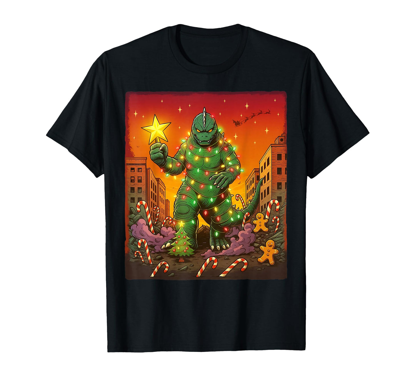 Japanese Monster Kaiju Santazilla Christmas Tree Lights T-Shirt
