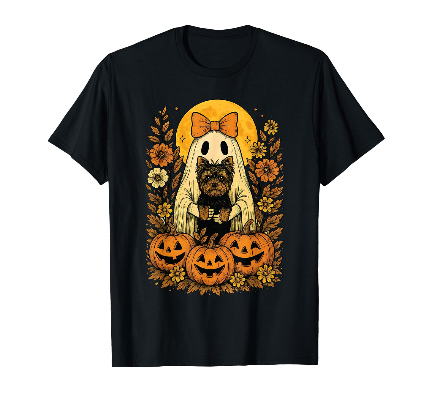 Floral Halloween Ghost Holding Yorkshire Terrier (Yorkie) T-Shirt
