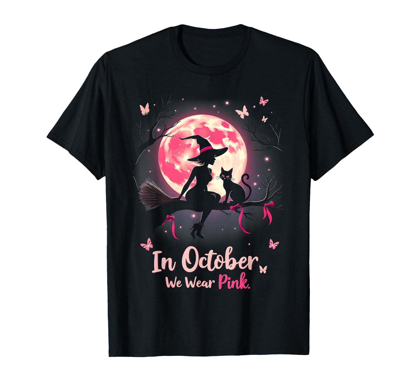 In October We Wear Pink Halloween Witch Breast Cancer T-Shirt