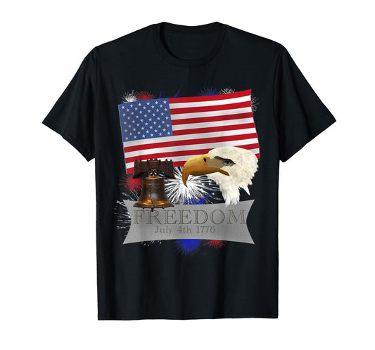 Freedom July 4th 1776 Flag, Fireworks, Eagle Liberty Bell T-Shirt