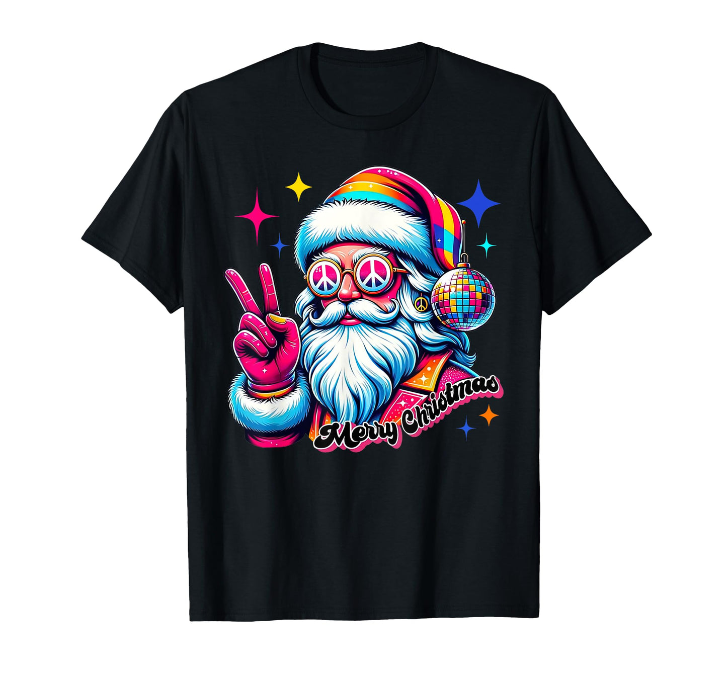 Colorful Santa Claus Peace Sign Hippie Christmas Holiday T-Shirt