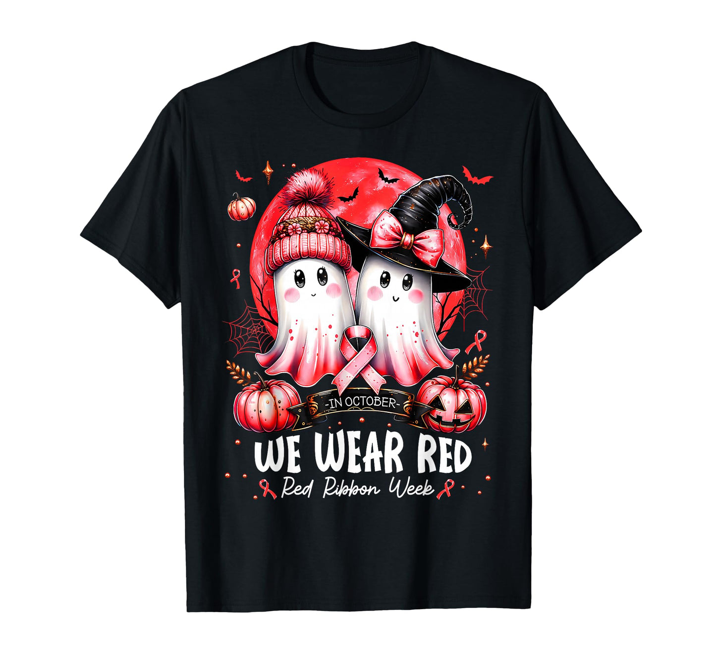 in October We Wear Red Ghost Witch Red Ribbon Week Halloween T-Shirt