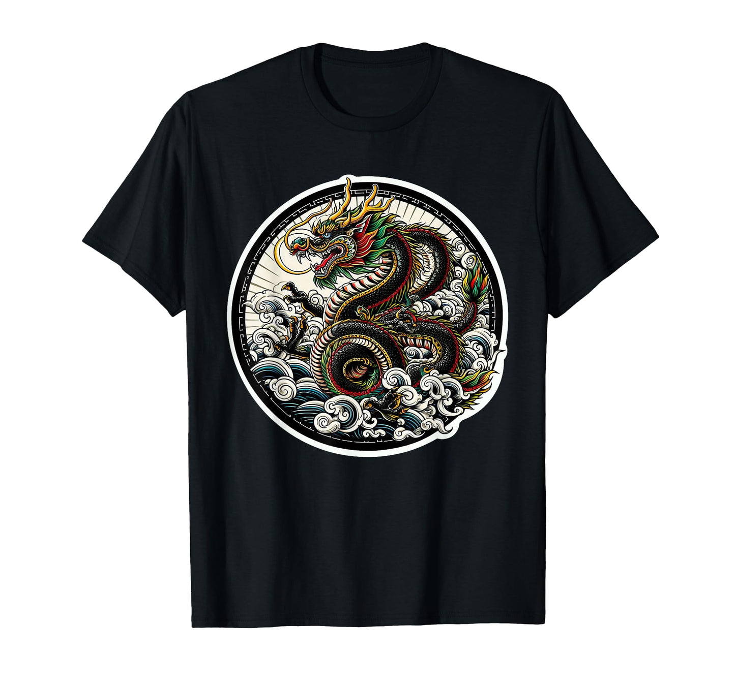 xDevery Asian Dragon Green Lucky Tattoo Design Colourful Vivid T-Shirt, Small, Black