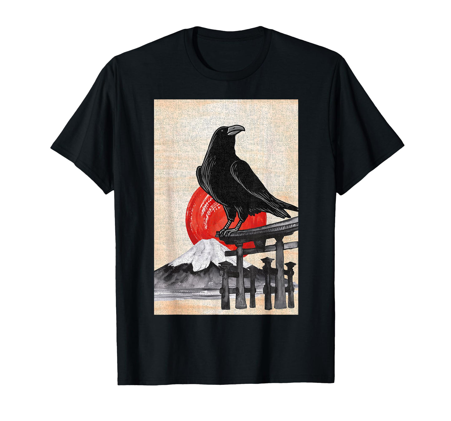 Japanese Style Red Moon Raven Graphic Black Crow Occult Goth T-Shirt