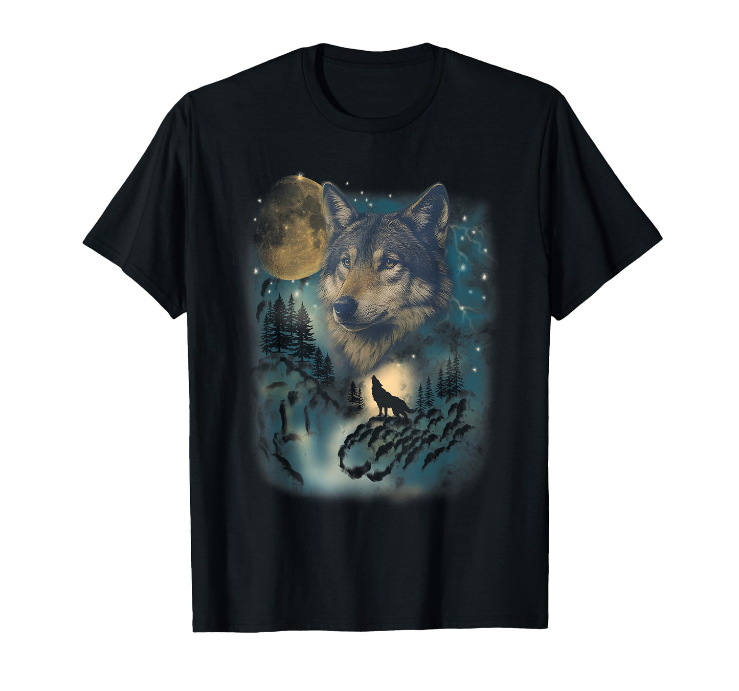 Night Wolfs Graphic Vintage 90s Style, Wolf Howling Moon T-Shirt
