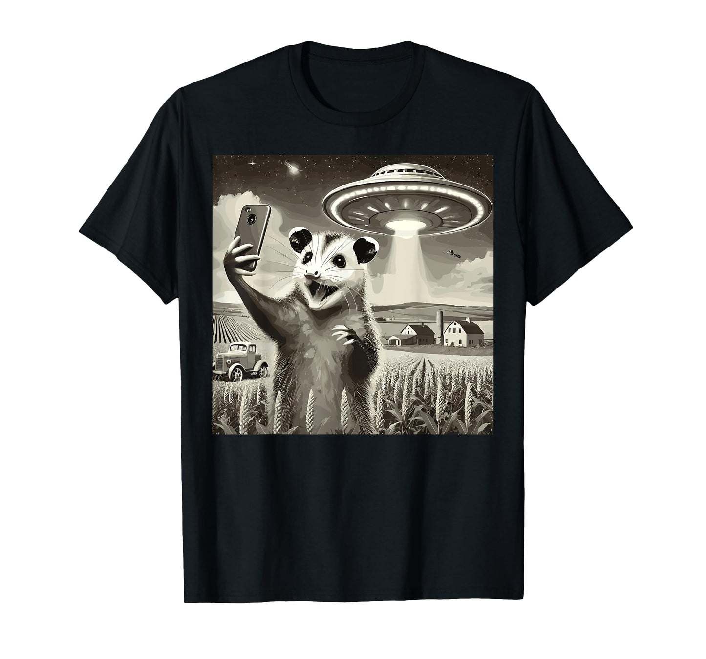 Possum Selfie With Alien UFO Funny Opossum T-Shirt