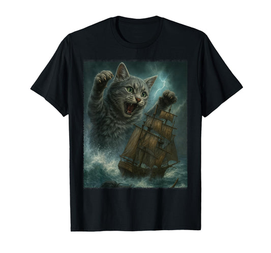 Giant Cat as Kraken Sea Monster Attack Pirate Ship in Ocean T-Shirt