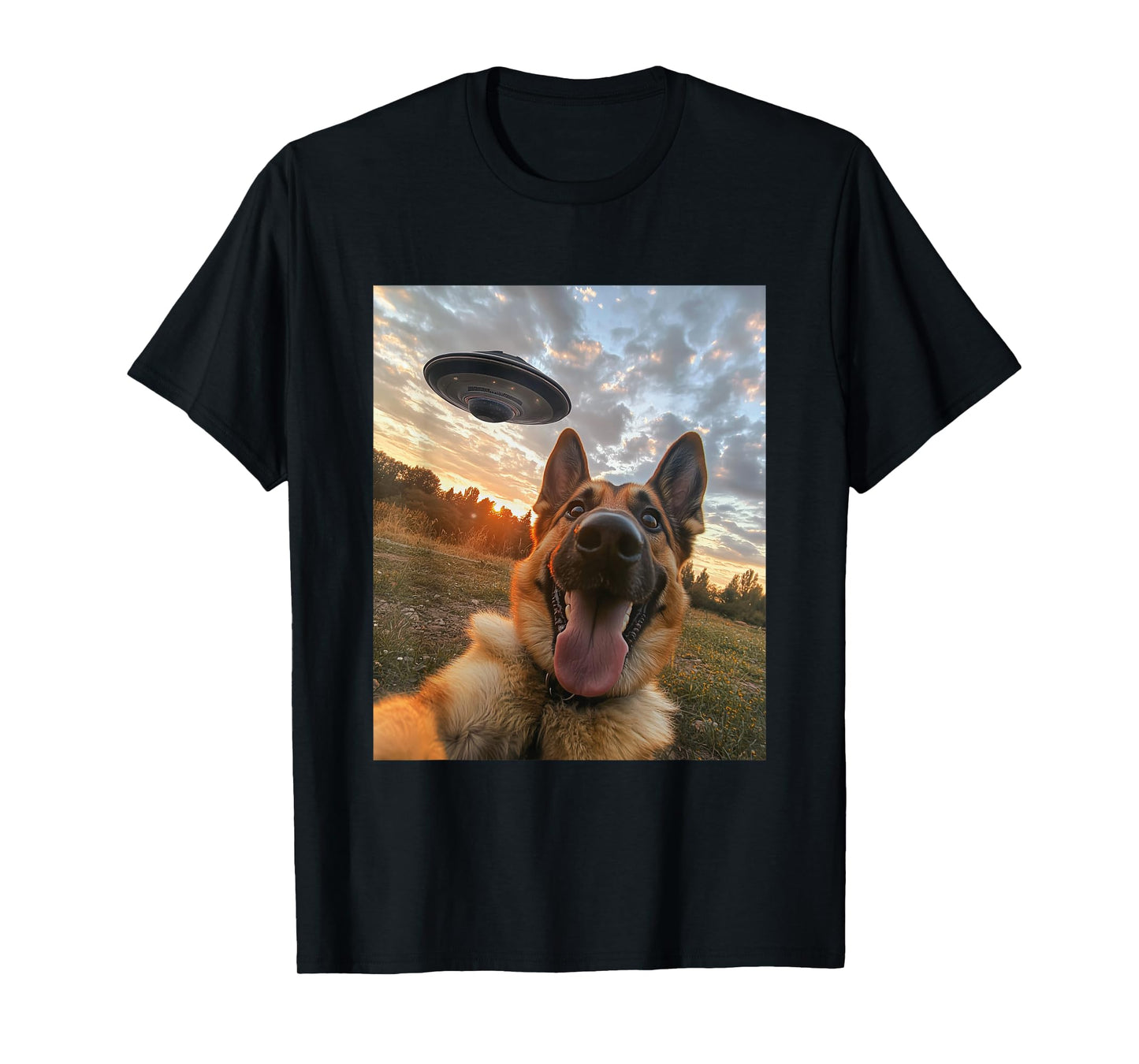 German Shepherd Dog Selfie with UFOs Aliens Funny Graphic T-Shirt