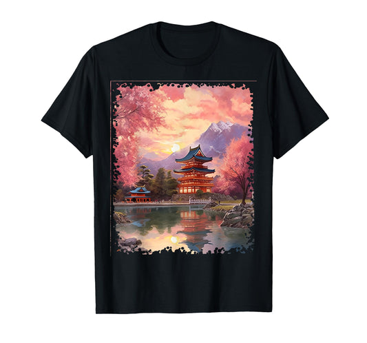 Vintage Japanese Flower Tee Mountain View Landscape Graphic T-Shirt