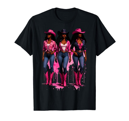 Pink Cowgirl Shirt Black Western Women Rodeo Boots Graphic T-Shirt