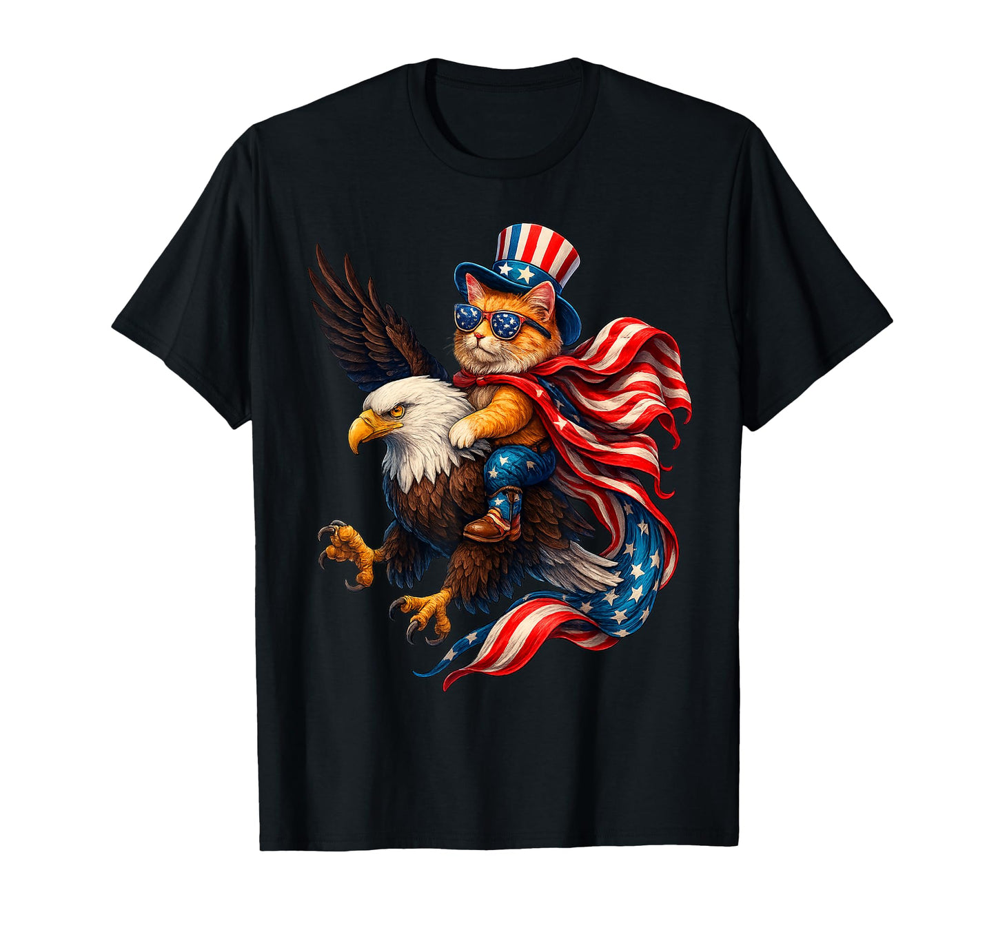 Patriotic Cat Riding Eagle Funny 4th of July American Flag T-Shirt