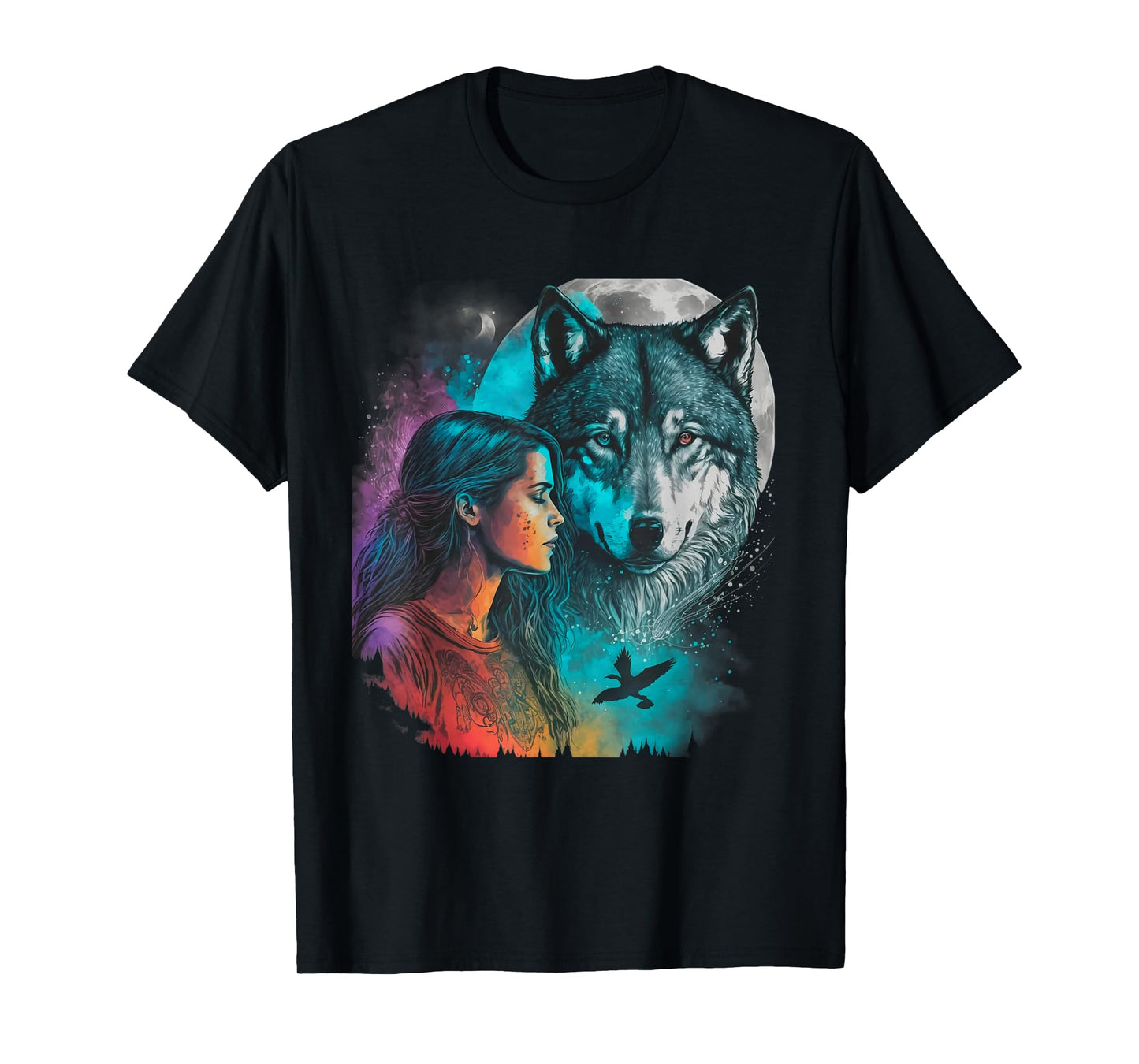 Ethnic Tribal Wolf Boho Feather Native American Hippie Women T-Shirt