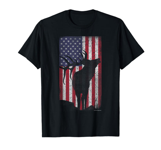 Elk Hunting Bugling Bull US Flag - American Retro T-Shirt