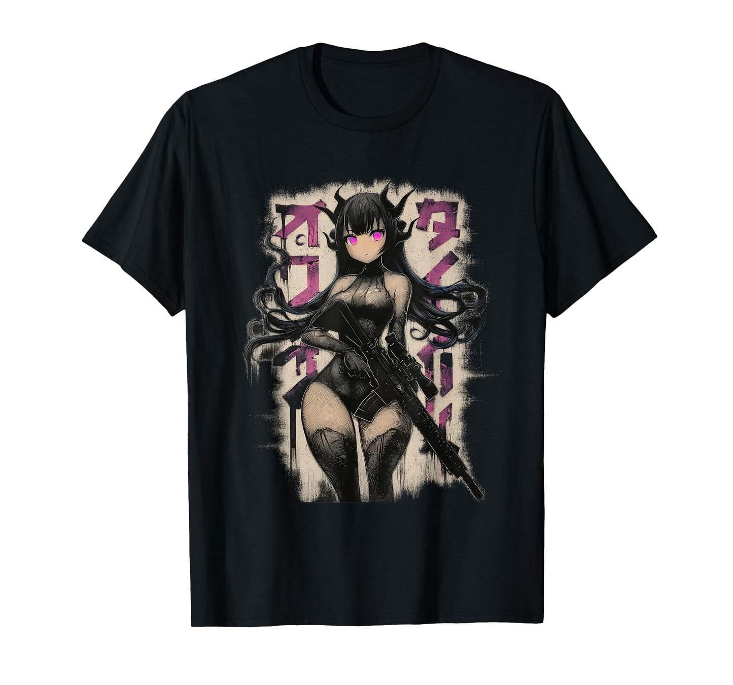 Demon Anime Waifu – Grunge Rifle Wielding Anime Girl T-Shirt