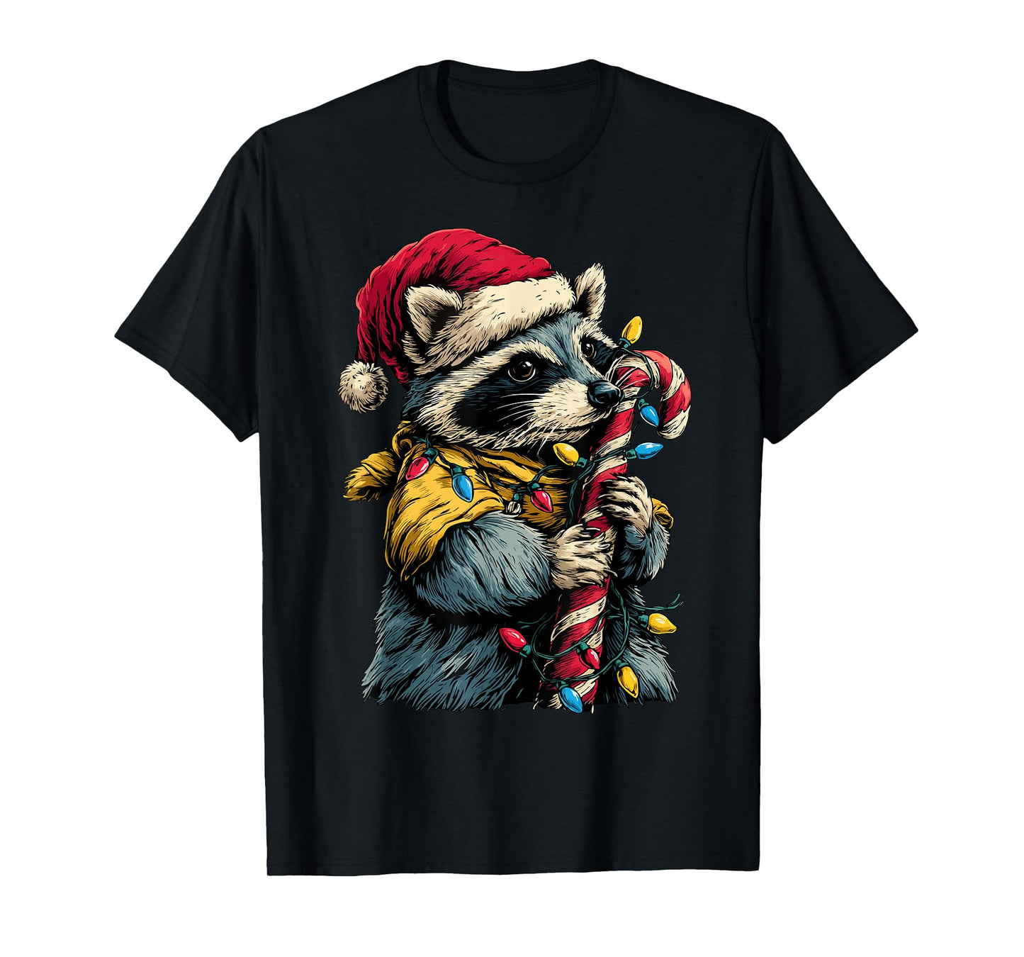 Cute Raccoon with Candy and Christmas Lights Festive Animal T-Shirt