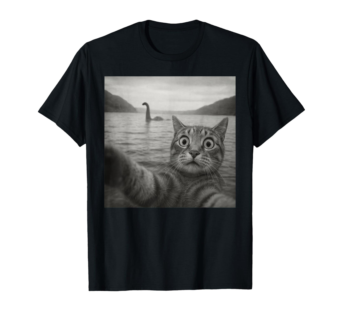 Funny Cat Selfie With Loch Ness Monster Shirt Men Women Kids T-Shirt