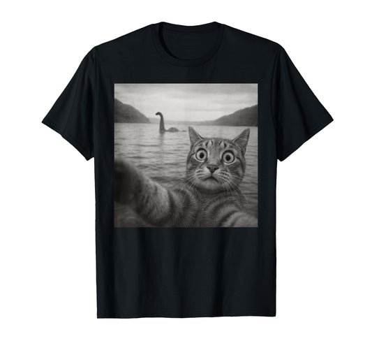 Funny Cat Selfie With Loch Ness Monster Shirt Men Women Kids T-Shirt