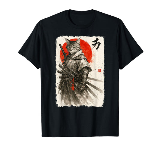 Samurai Cat Warrior Sumi-e Kawaii Japanese Art Cat Samurai T-Shirt