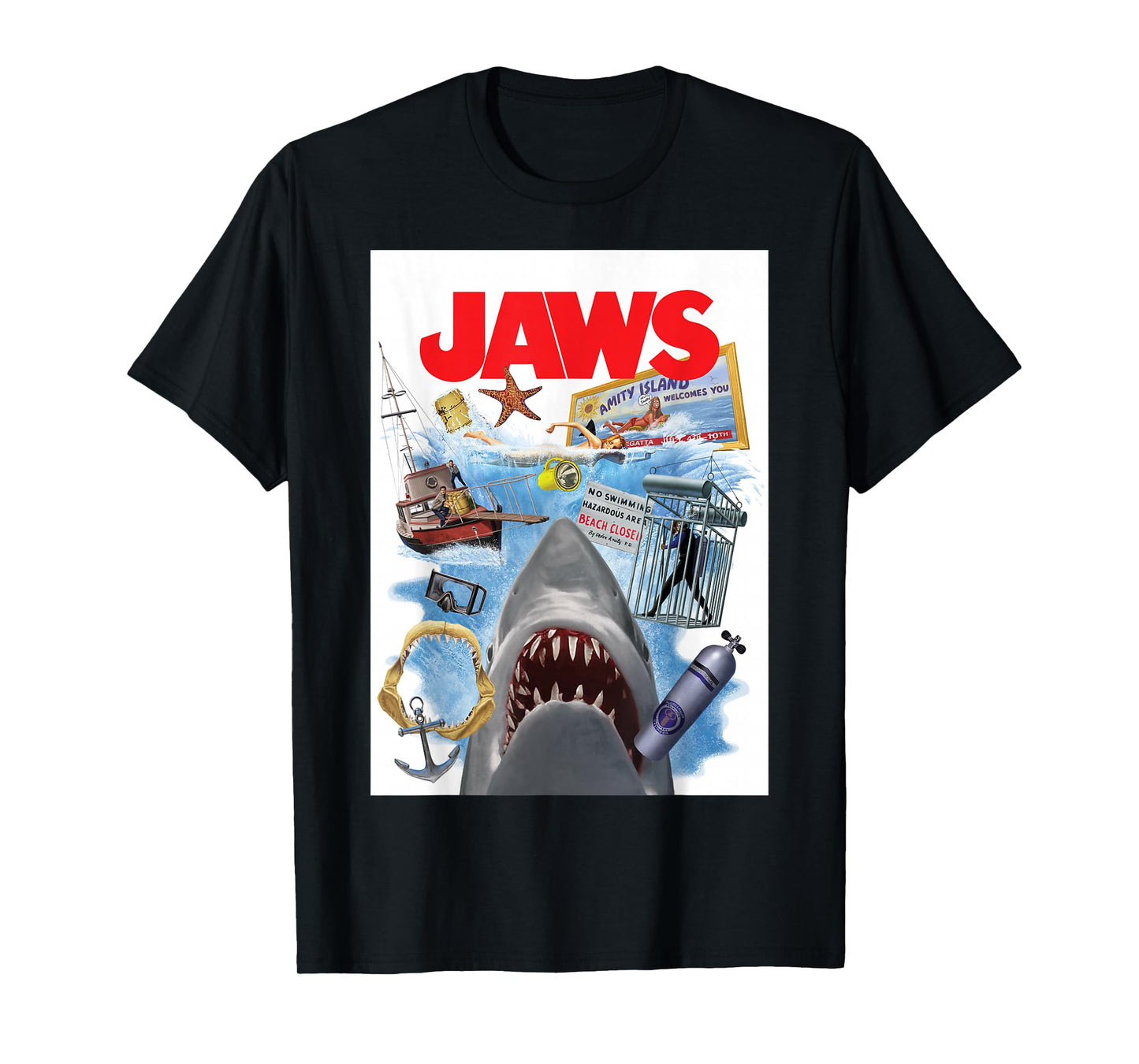 Jaws 50th Anniversary Poster Amity Island Collage 2-Sided T-Shirt