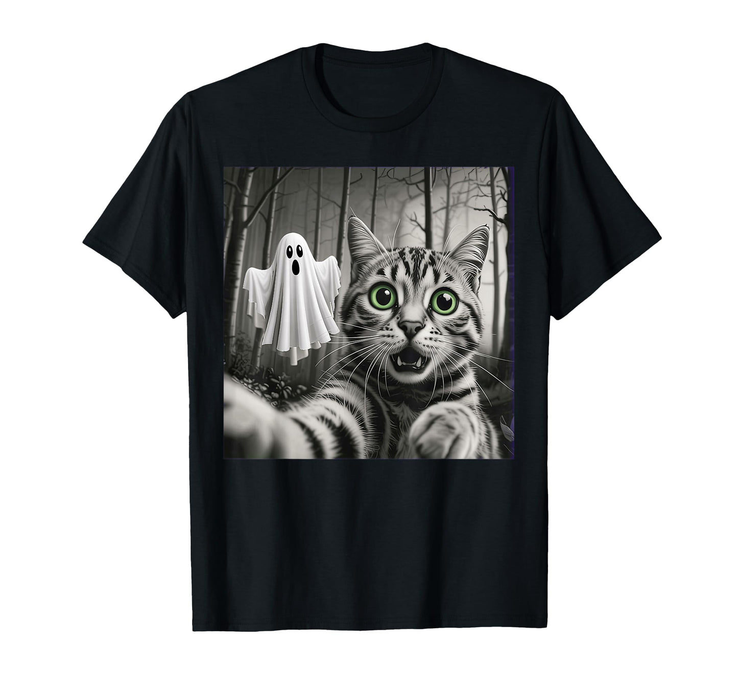 Halloween Cat Selfie with Spooky Ghost T-Shirt