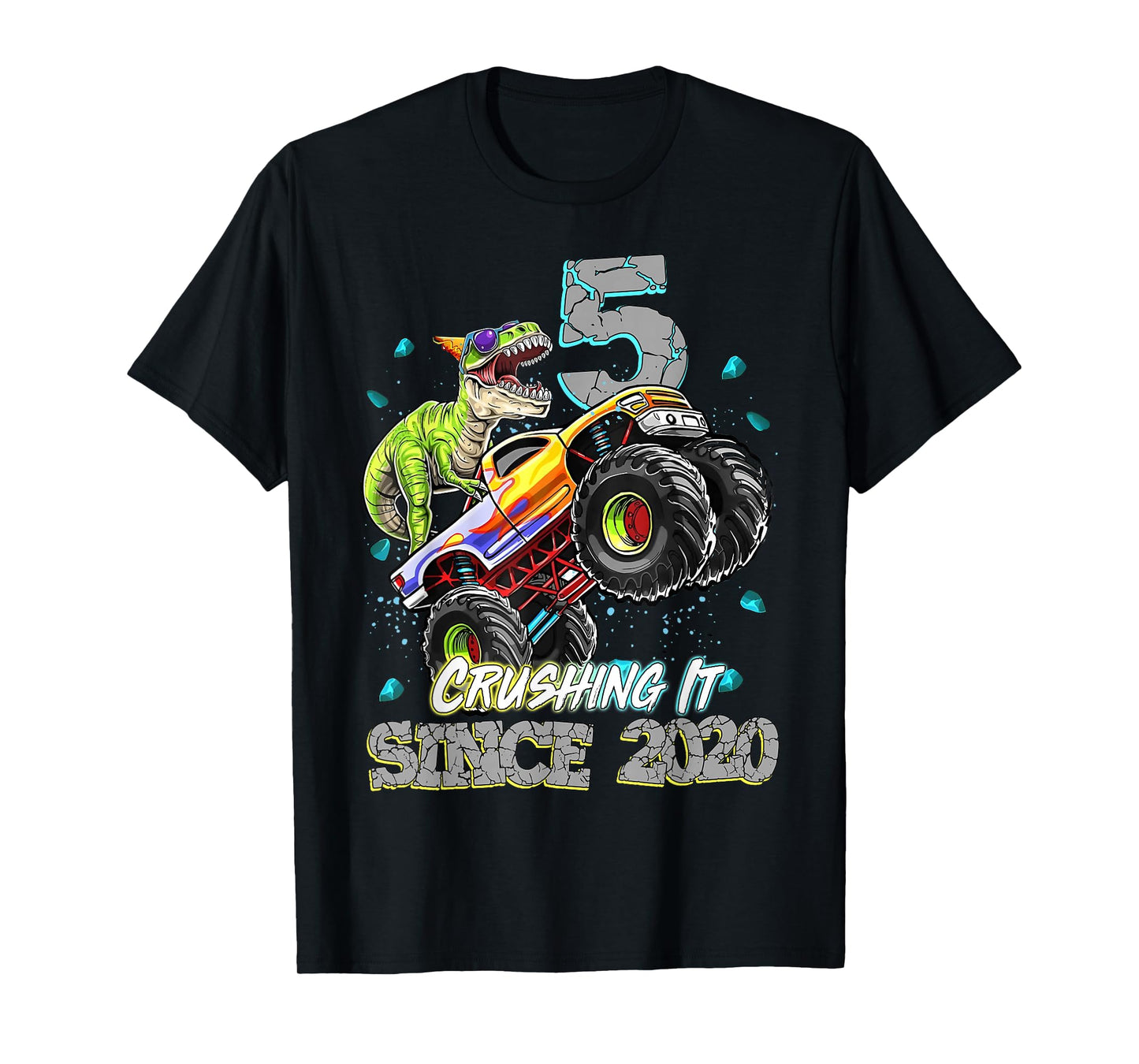 5th Birthday Since 2020 Monster Truck Dinosaur Birthday Boy T-Shirt