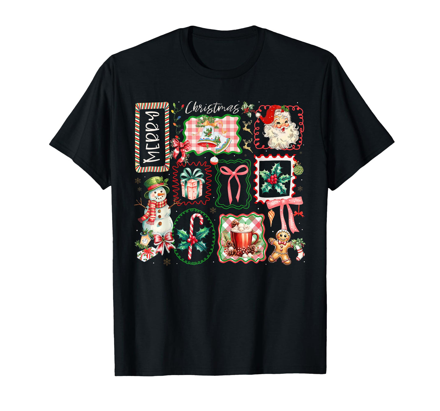 Merry Christmas Santa Snowman Candy Cane Gingerbread Bow T-Shirt