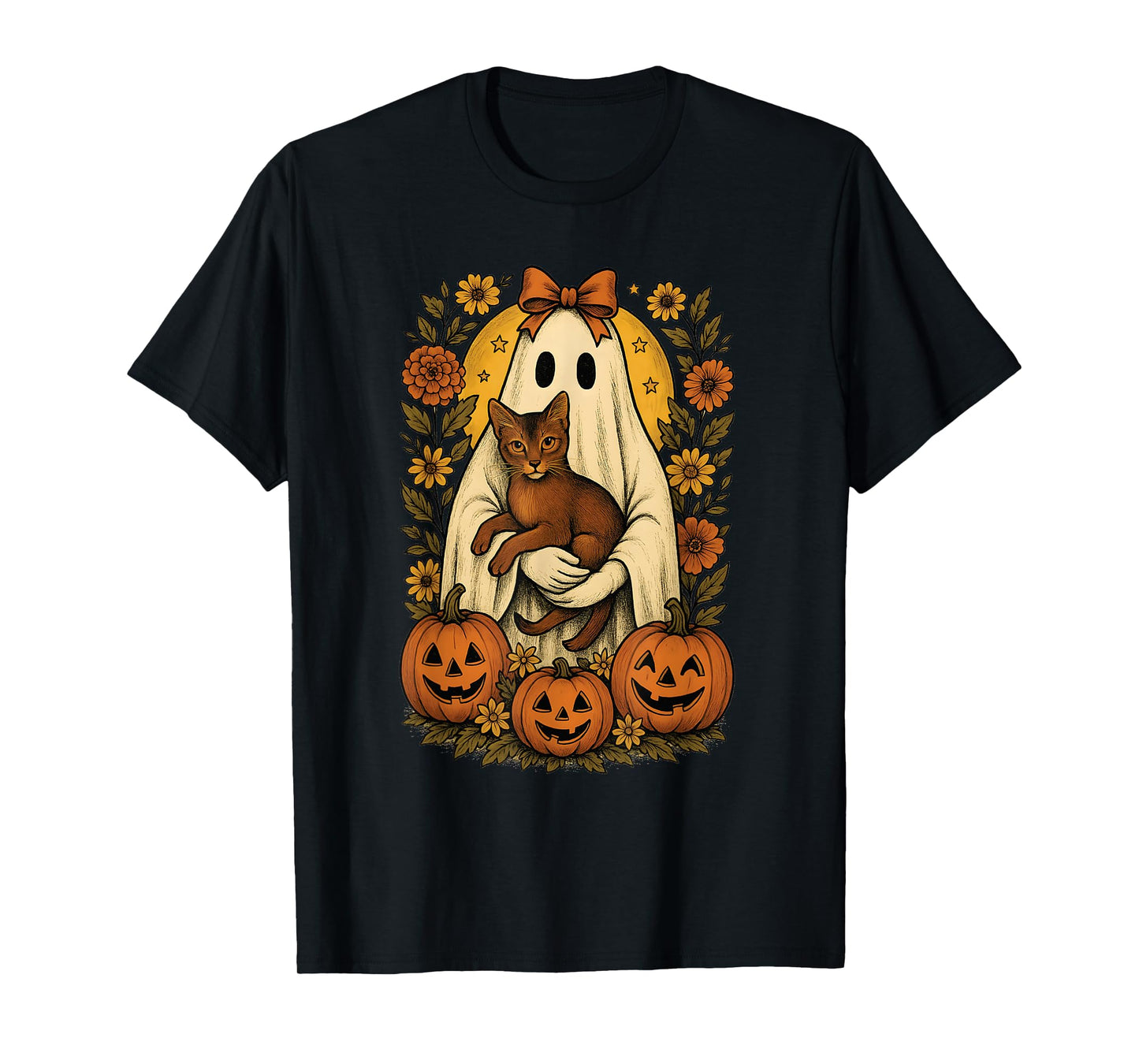 Vintage Ghost Holding Abyssinian Cat with Pumpkins Halloween T-Shirt