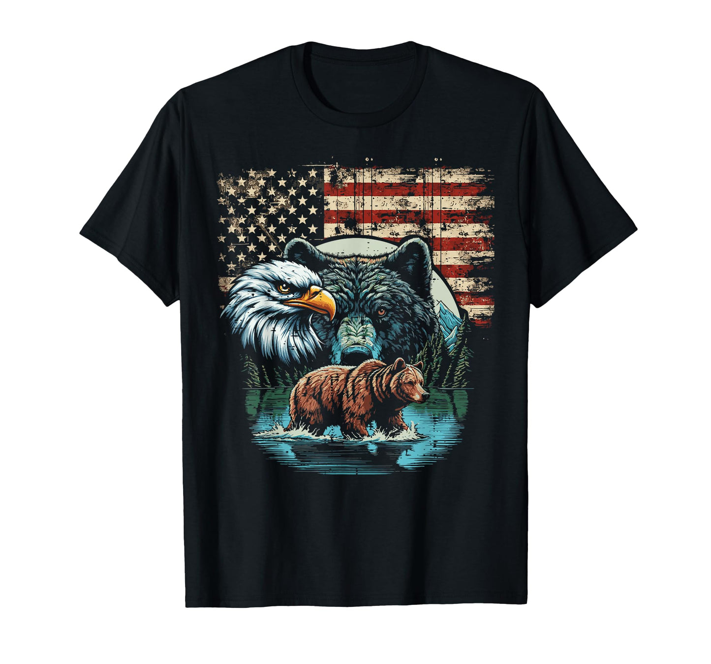 Eagle Wolf Bear USA Flag Freedom Patriotic Men Women Kids T-Shirt