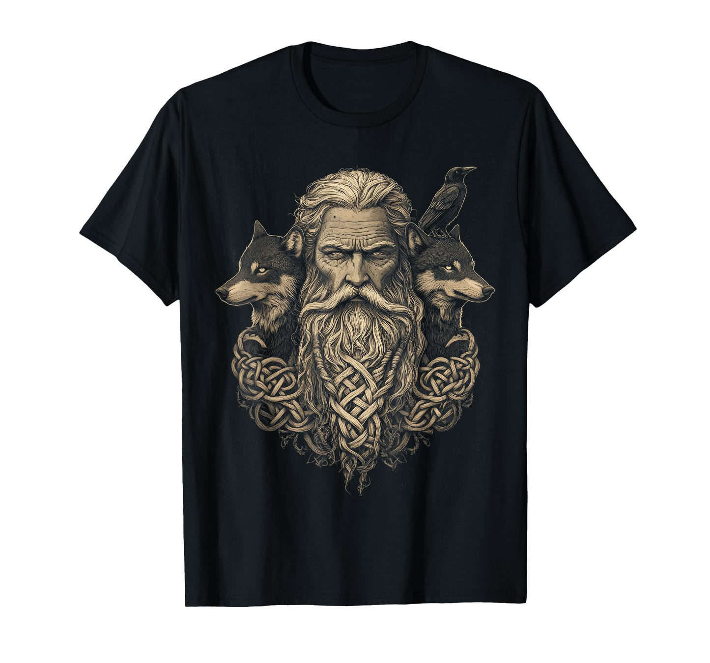 Odin Celtic Viking with Wolf and Odins Raven Valhalla Pagan T-Shirt