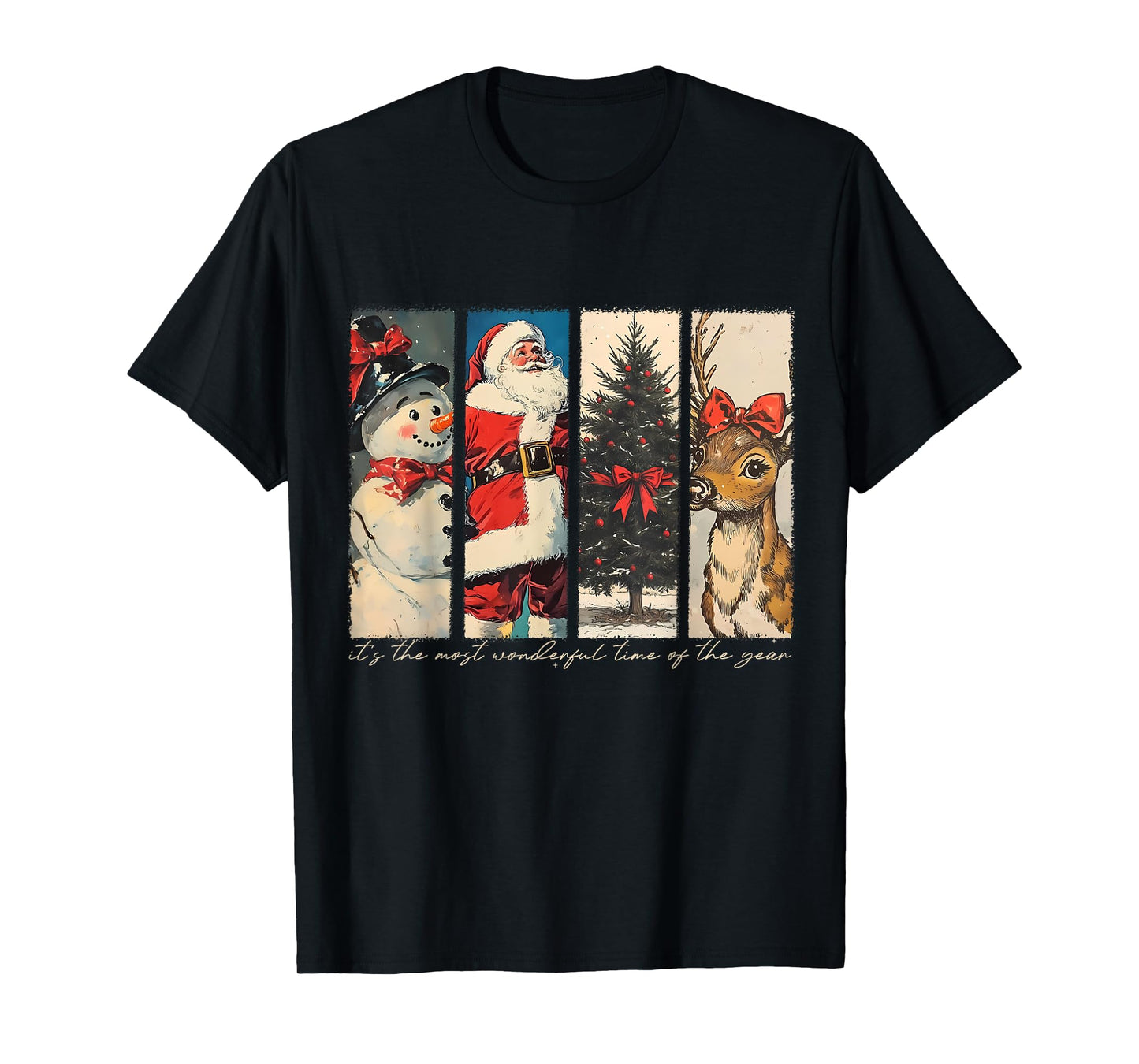 Retro Christmas Santa Claus Snowman Reindeer Christmas Tree T-Shirt