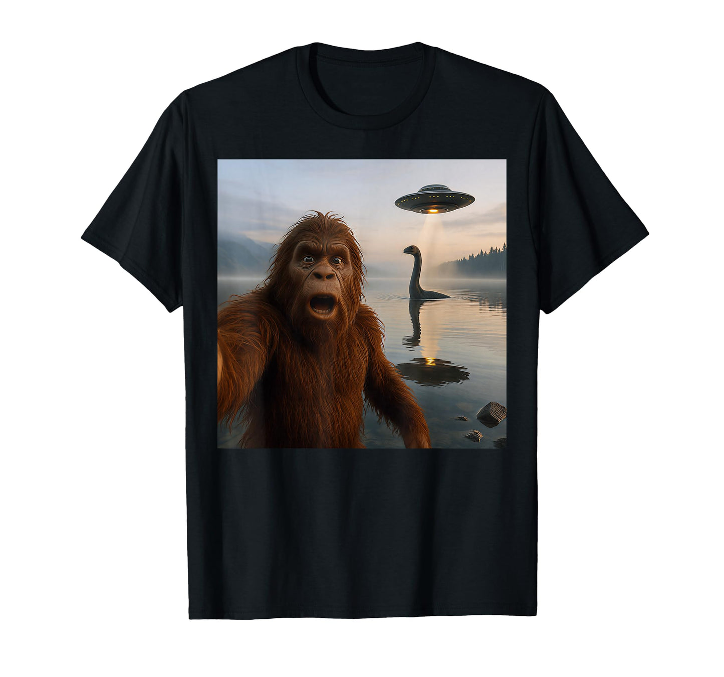 Funny Bigfoot Selfie with Loch Ness Monster and UFO Aliens T-Shirt
