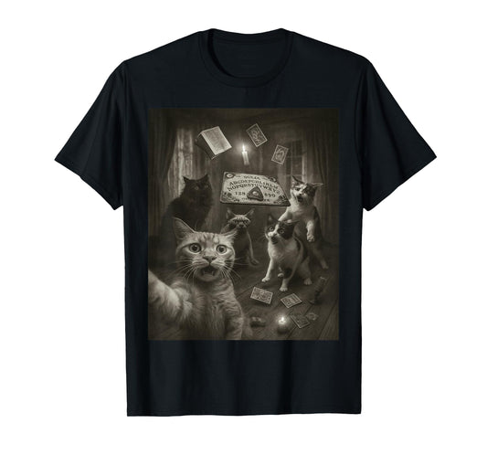 Panicked Cats Selfie Ouija Board Funny Cat Halloween Vintage T-Shirt