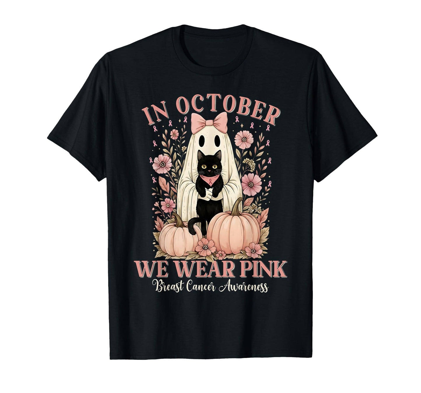 in October We Wear Pink Ghost Halloween Cat Breast Cancer T-Shirt