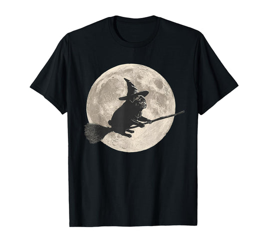 Funny Halloween Witch Pug Moon Trick or Treat Spooky Vibes T-Shirt