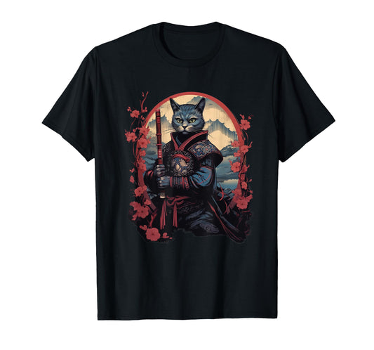 Vintage Japanese Samurai Ninja Cat Tattoo Kawaii T-Shirt for Men Women Girls Kids