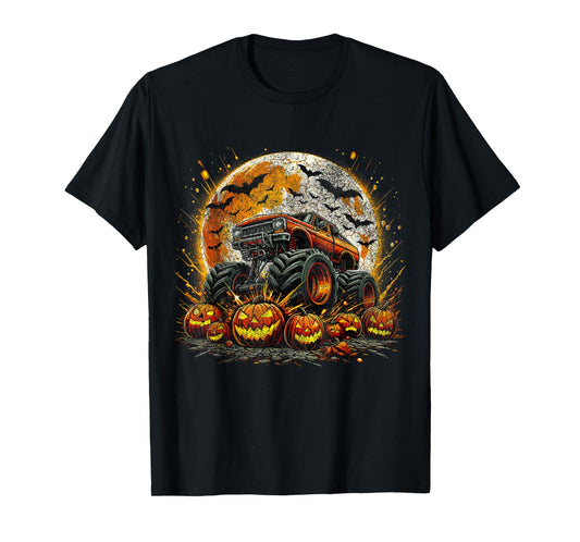 Monster Truck Pumpkin Halloween Jack O Lantern Moon T-Shirt