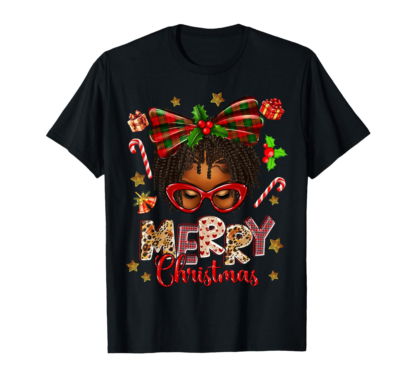 African American Woman Locs Hair Santa Hat Merry Christmas T-Shirt