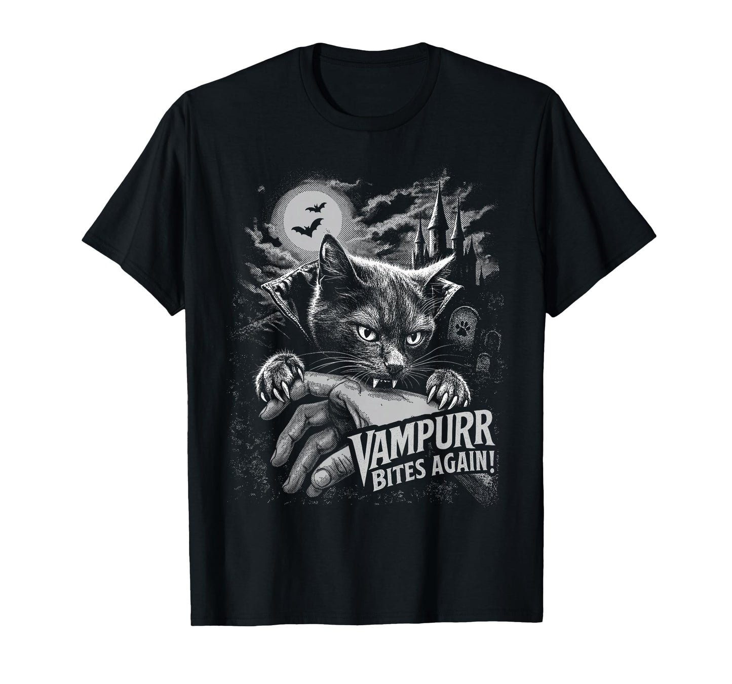Funny Cat Vampurr Bites Again Halloween Vintage Graphic T-Shirt