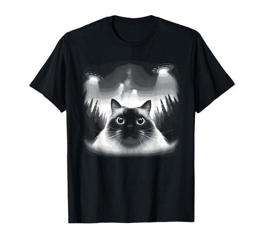 Birman Cat Selfie With UFO - Funny Graphic Alien Lover T-Shirt