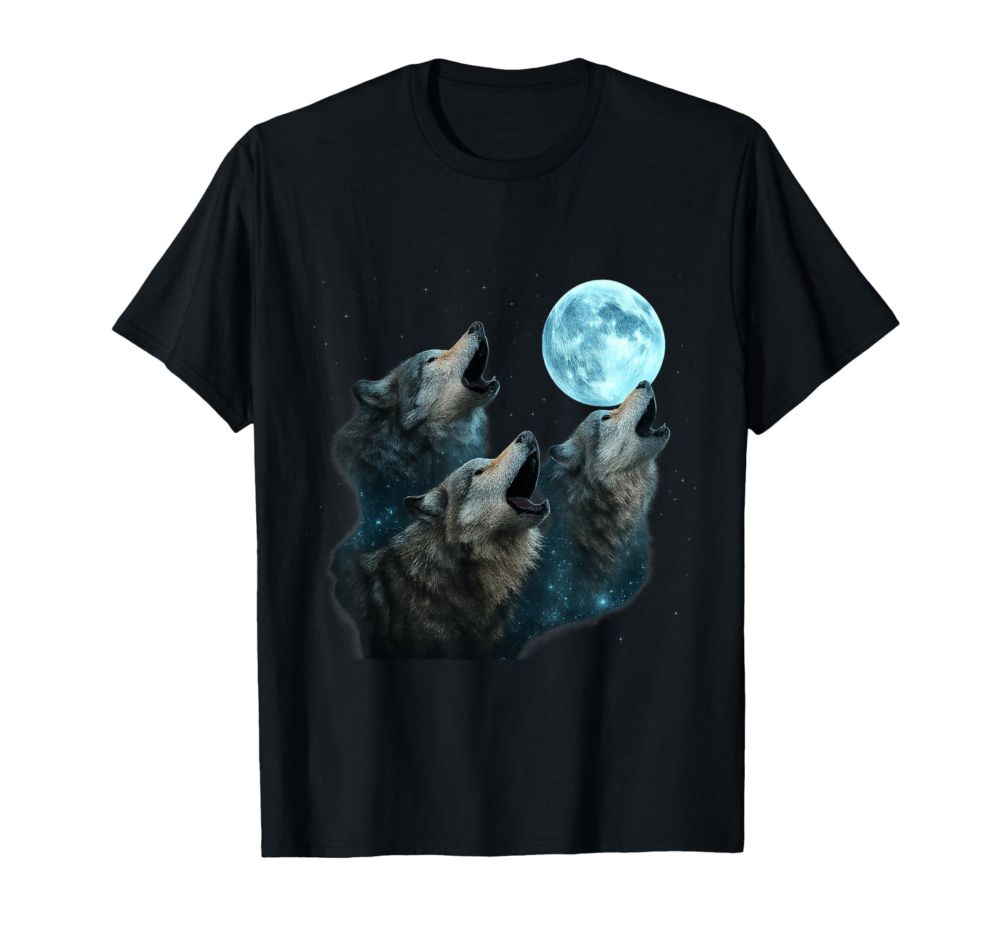 Three Wolves Howling at Cyan Moon Night Mystic Glow T-Shirt